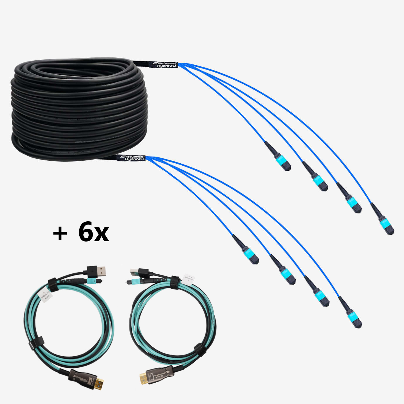 Hydraview® 36 مع 6 x HDMI 2.1 إنهاء | HDMI 2.1 بسرعة 48 جيجابت في الثانية | 4K120 هرتز | 8 كيلو 60 هرتز | كابل حزمة الألياف الضوئية 36 خيوطًا تم إنهاؤها مسبقًا