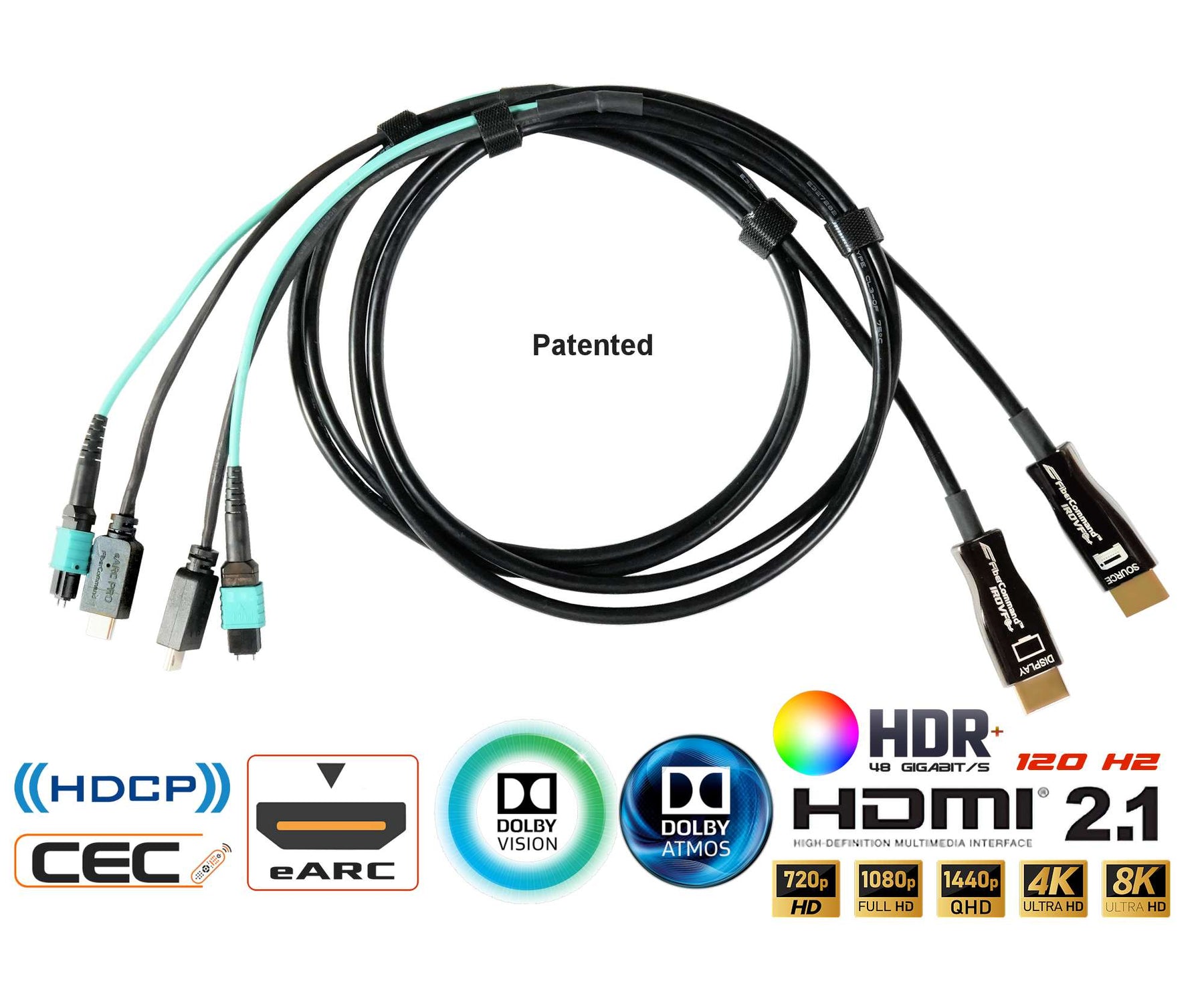 PureFiber® PRO - HDMI 및 인터넷 | Internet over Fiber가 포함된 HDMI 2.1 8k 번들 사전 종단 하이브리드 파이버 케이블