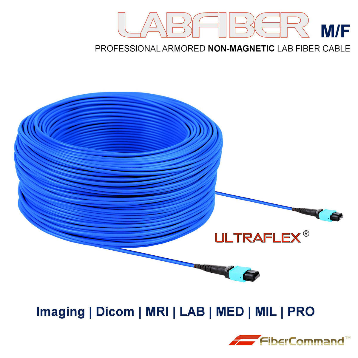 LABFIBER® MF | Pancéřovaný NON_MAGNETIC kabel z optických vláken pro profesionální laboratorní aplikace – samec – samice MPO